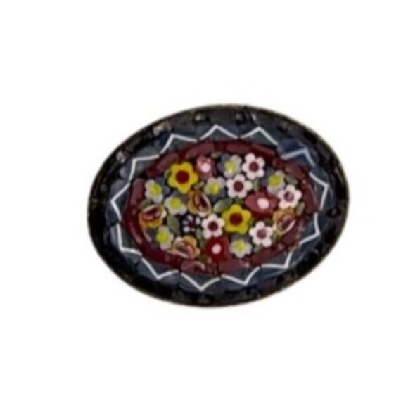Unknown Jewelry - Vintage Italian Mosaic Floral Pin Oval Gold Tone Multicolor Brooch 1.5 Inches